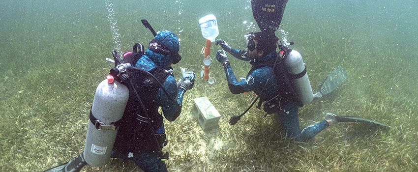 Two people scuba diving working on tests.