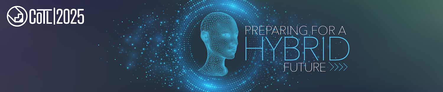 A banner for "COTL|2025" with a wireframe human head surrounded by glowing particles, and the text "PREPARING FOR A HYBRID FUTURE."