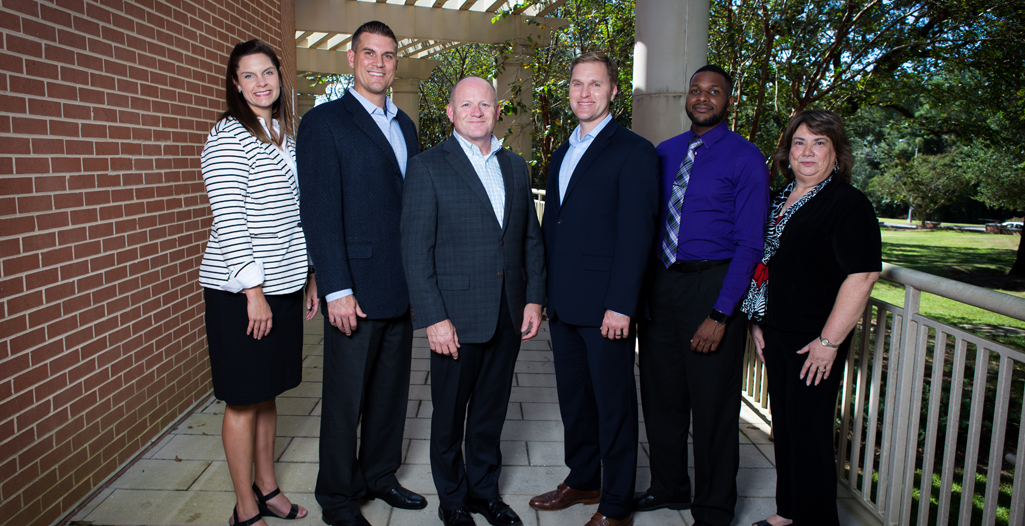 Veterans Recovery Resources Clinical Scholars from the University of South Alabama, founder and graduate students at South are providing veterans and their families with a whole health approach to wellness. This is the first team from Alabama to be selected for a grant award from the Robert Wood Johnson Foundation. VRR Founder and Executive Director John Kilpatrick is flanked by South Alabama Clinical Scholars Dr. Erin McAdams, Dr. Joe Currier, Dr. Jeremy Fletcher, Josh Moore, graduate student and Clinical Scholar Dr. Marjorie Scaffa. Not pictured is Timothy Carroll, a fourth-year doctoral student.